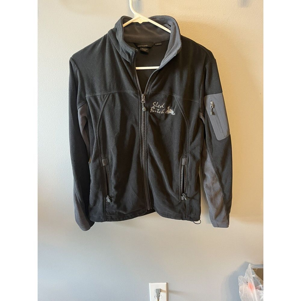 North End Fleece Jacket Women's S/P Black "Sled chick" Embroidered‎ Full Zip